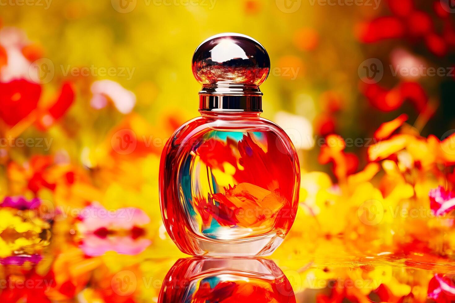 Bottle of perfume sitting on top of table next to field of flowers. photo