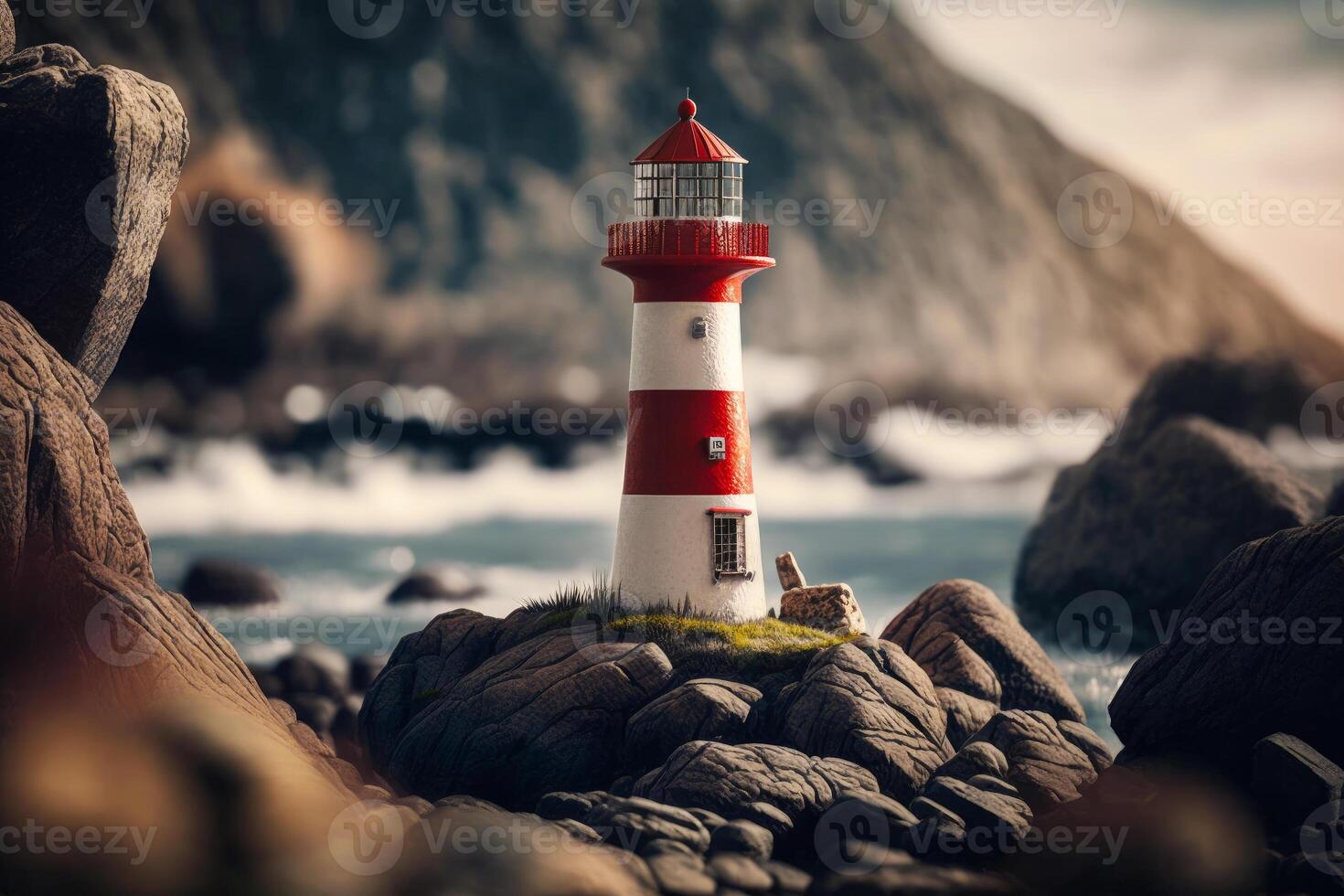 Red and white lighthouse sitting on top of rock next to body of water. Generative AI photo