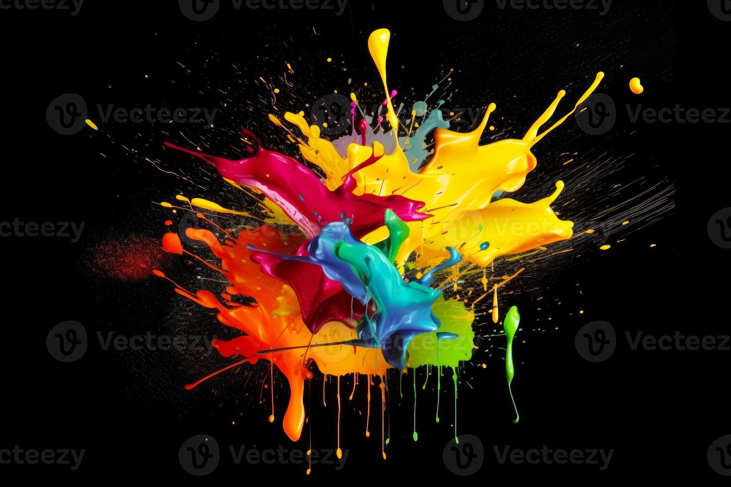 Group of colorful paint splashing on top of each other on black background. photo