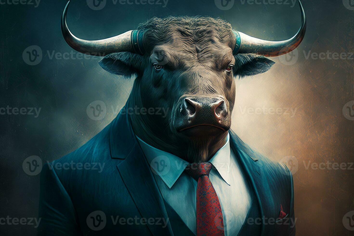 bull in suit with horns on it's head. Generative AI photo
