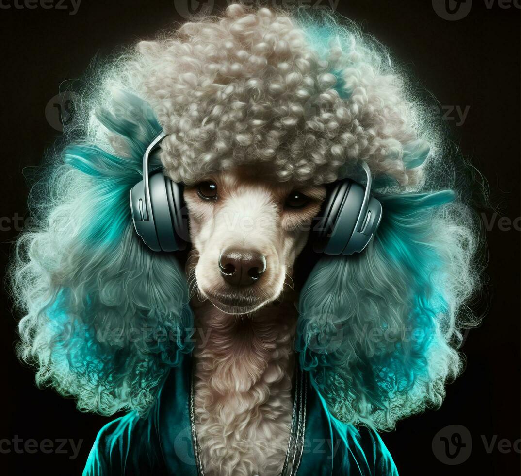 Poodle with headphones on its ears is wearing blue wig. Generative AI photo