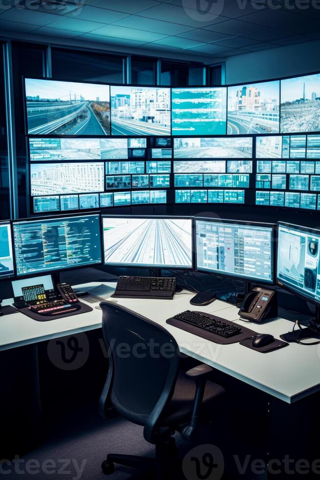 Desk with lot of monitors and phone on top of it. photo