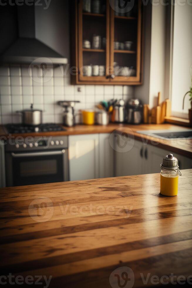 Jar of mustard sitting on top of wooden table in kitchen. photo