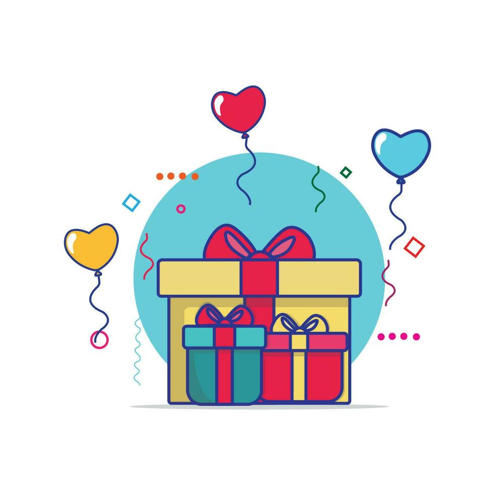 Cute Gift Boxes With Balloons Vector Illustration. Beautiful Presents Gifts Flat Design for kids