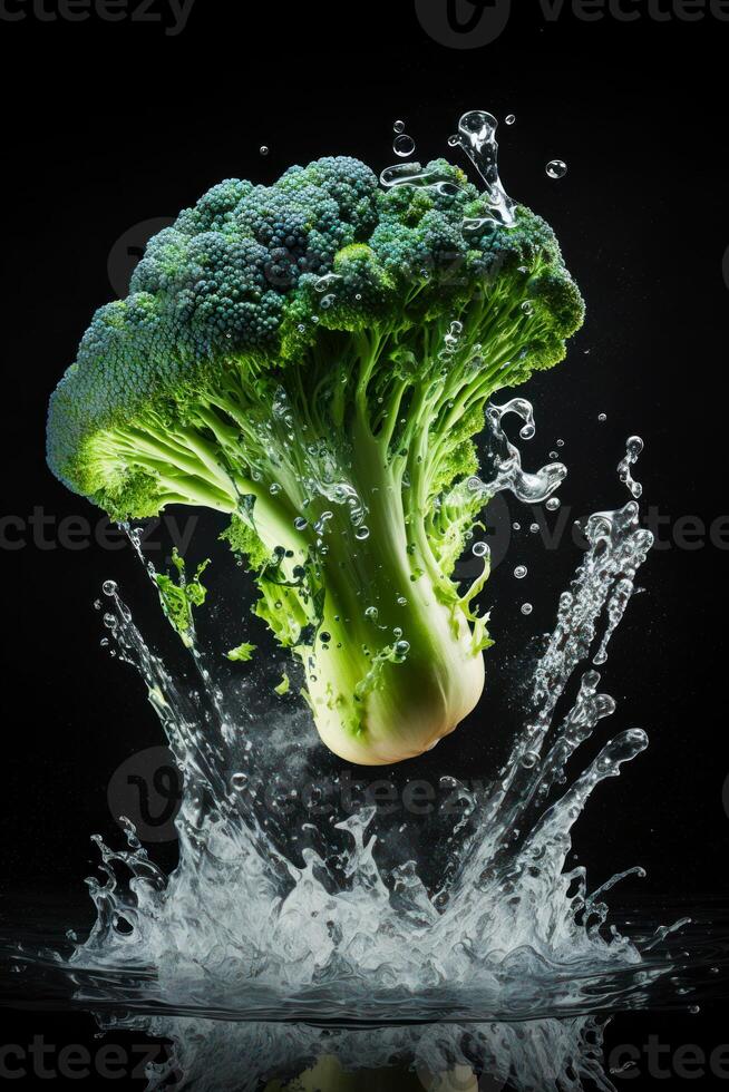 Piece of broccoli is splashing into the water on black background. photo