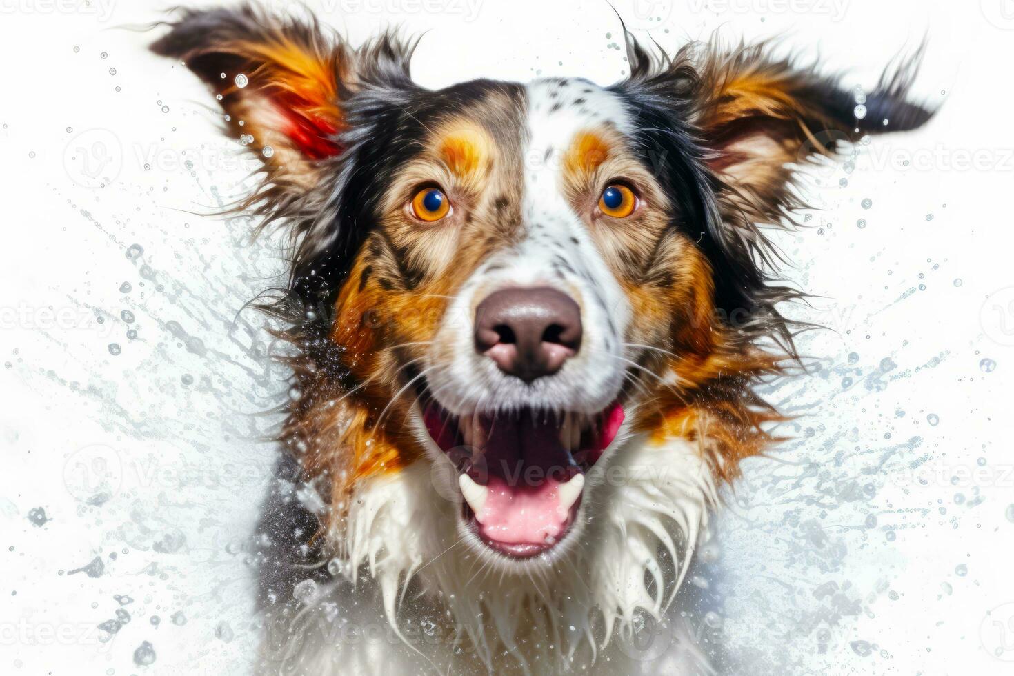 Close up of dog's face with water splashing around it. Generative AI photo