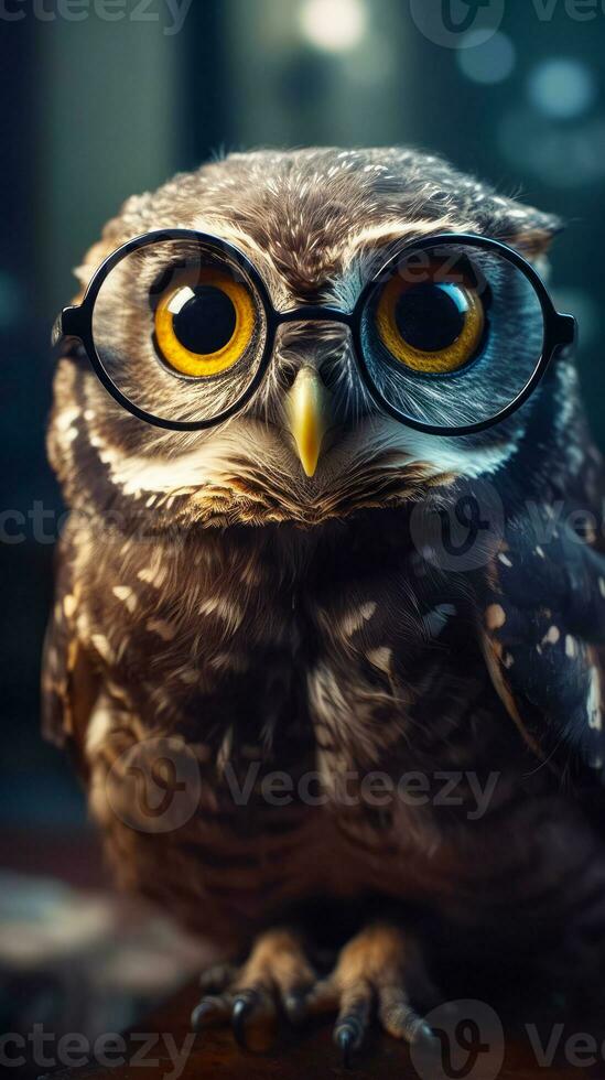 Close up of owl wearing pair of eyeglasses with blurry background. Generative AI photo