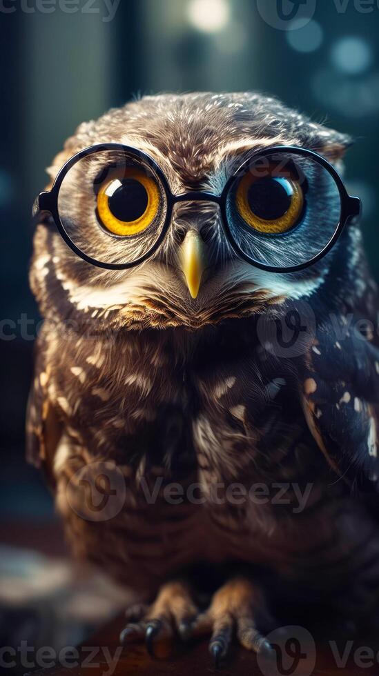 Close up of owl wearing pair of eyeglasses with blurry background. photo