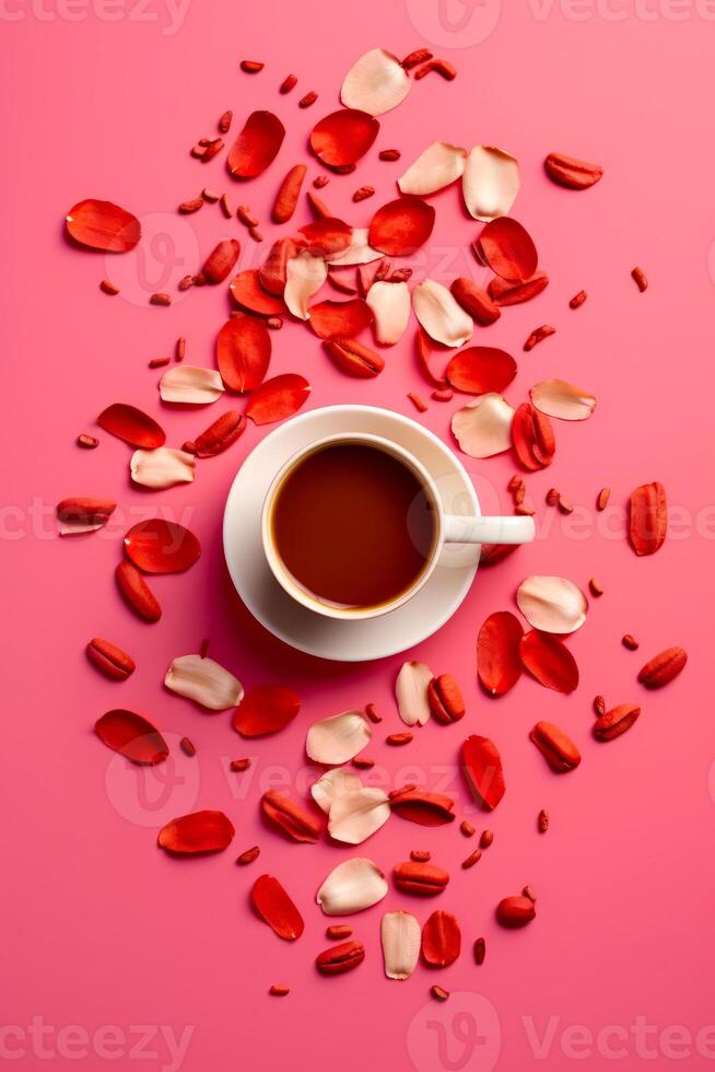 Cup of coffee surrounded by petals of rose petals on pink background. photo