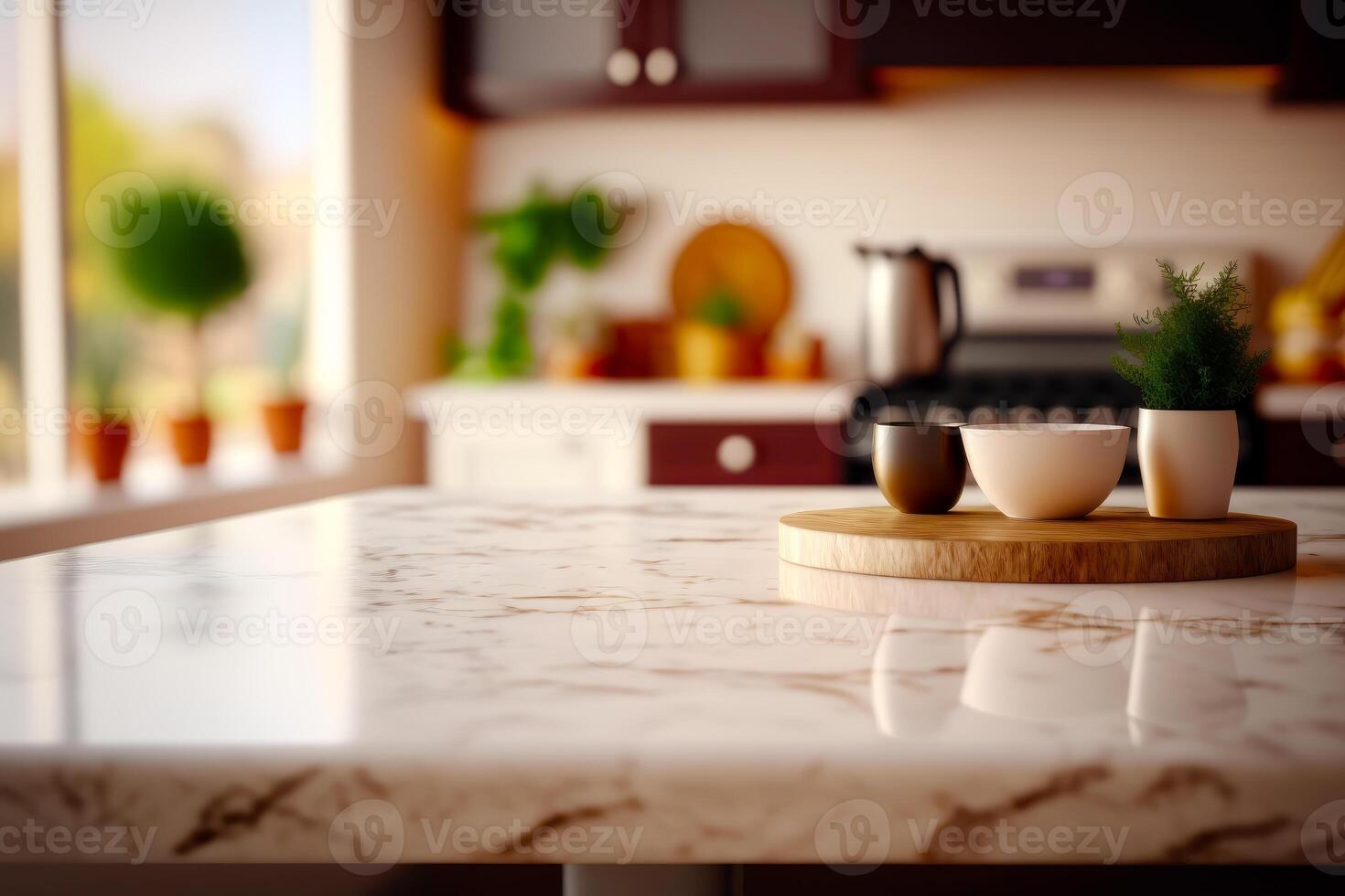Kitchen counter with bowl and plate on it and potted plant on top of it. photo