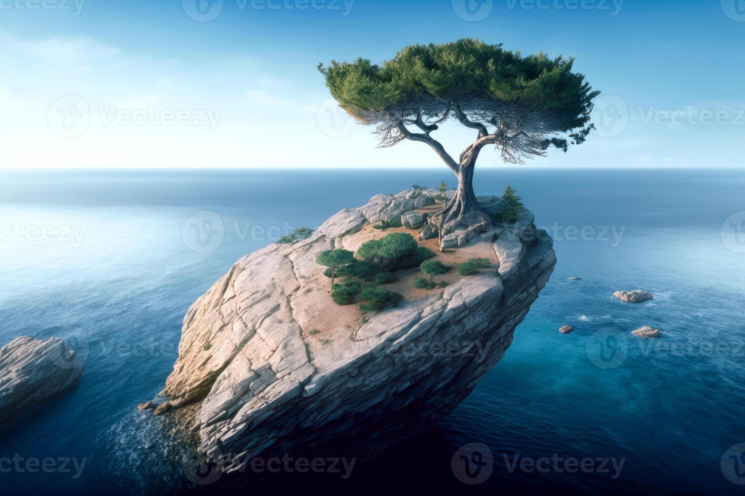 Lone tree on top of rock in the ocean. photo