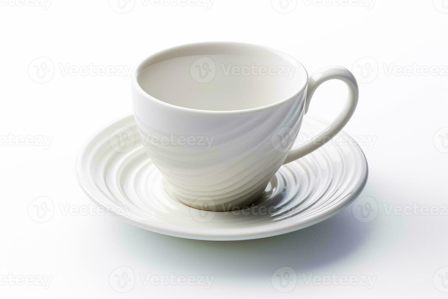 White coffee cup and saucer sitting on white saucer on plate. Generative AI photo