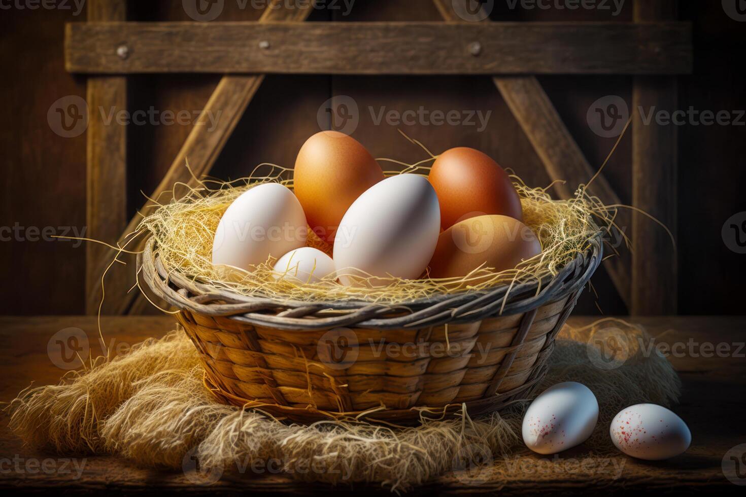 Basket of eggs sitting on top of table next to some eggs. photo