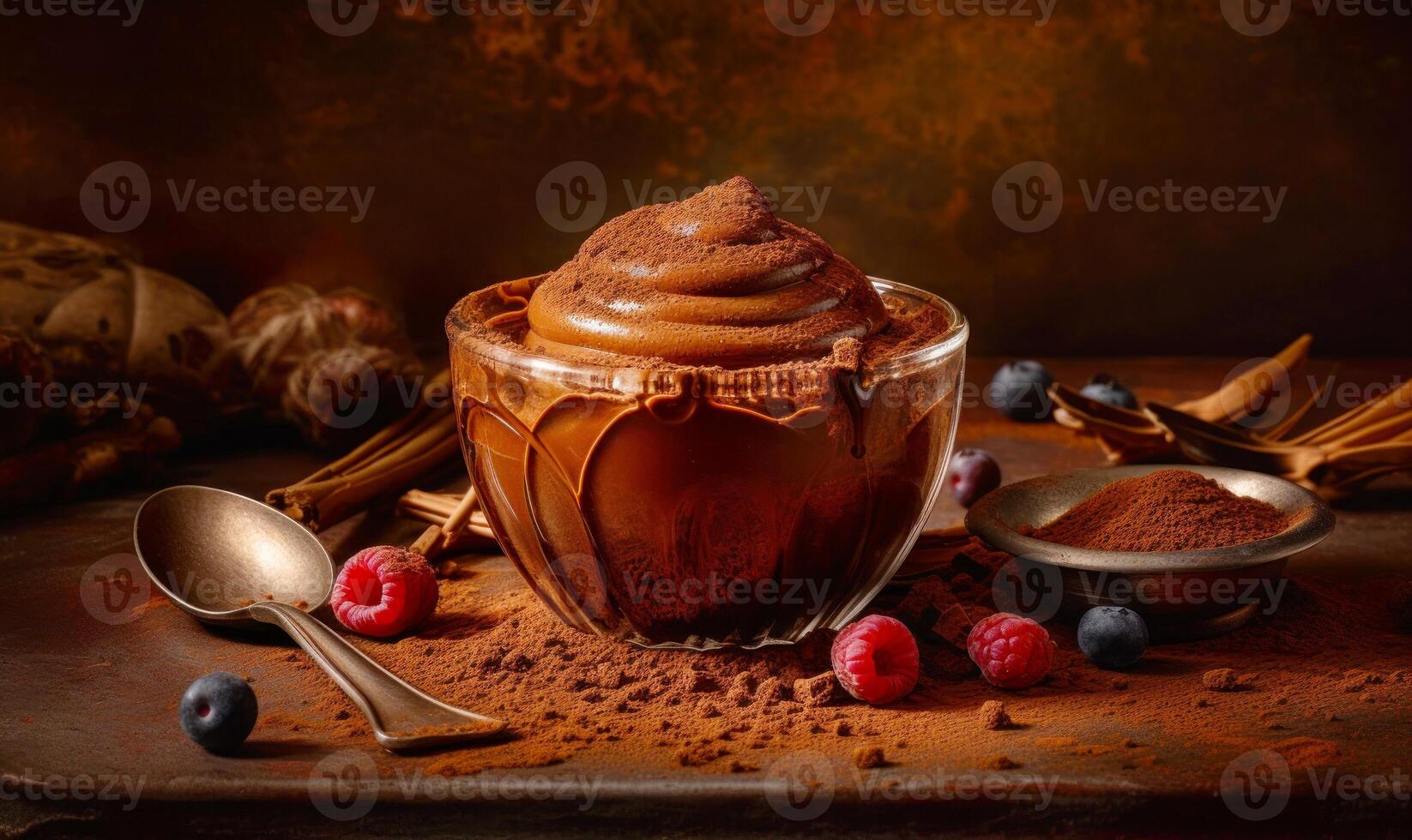 Bowl of chocolate pudding with raspberries and spoon next to it. Generative AI photo