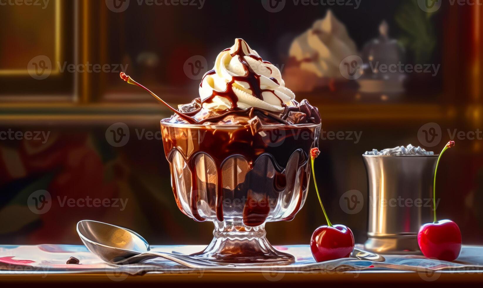 Chocolate ice cream sundae with cherry on table next to cup of coffee. photo