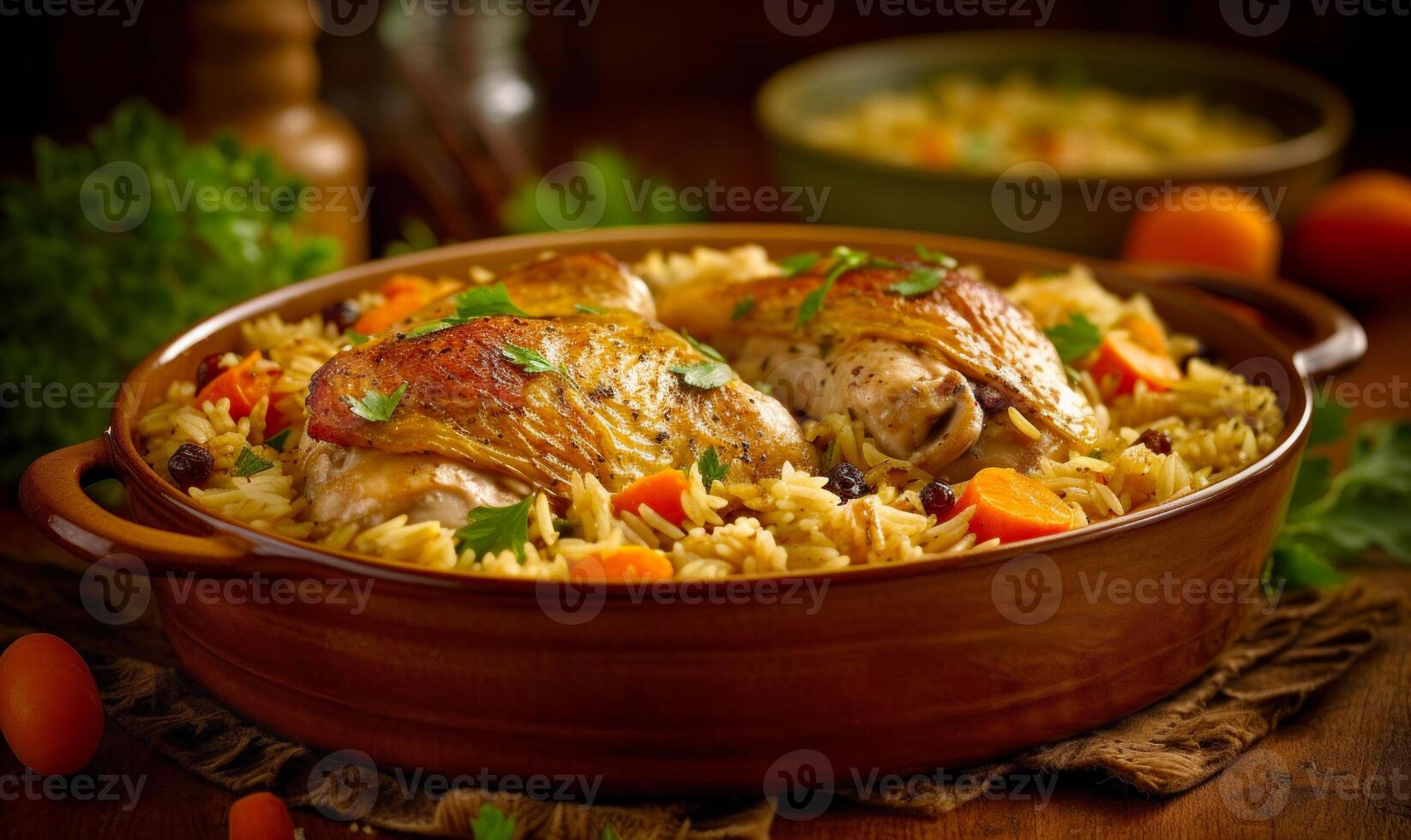 Close up of bowl of food with chicken and rice on table. photo