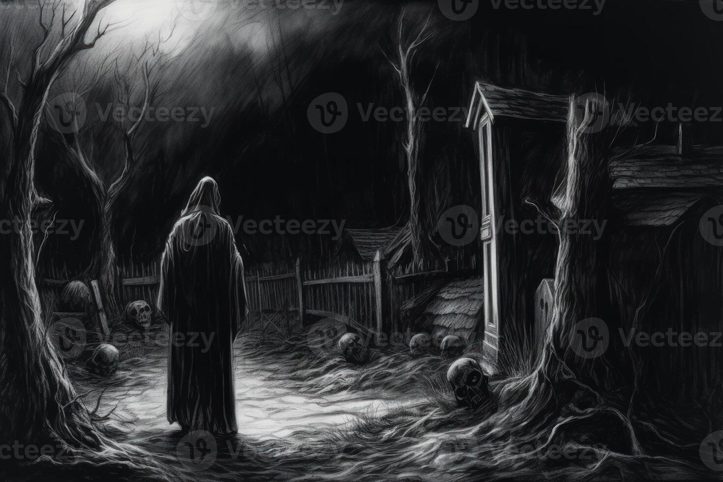 Black and white drawing of man standing in the dark with creepy background. photo