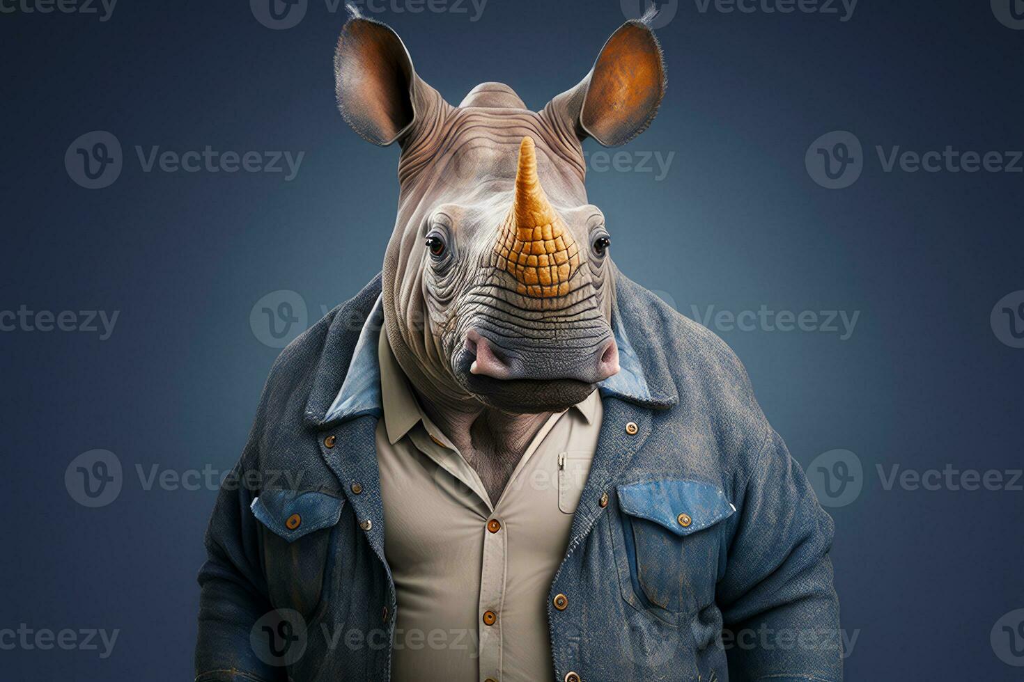 hombre con rinoceronte cabeza en su cara vistiendo mezclilla chaqueta. generativo ai foto