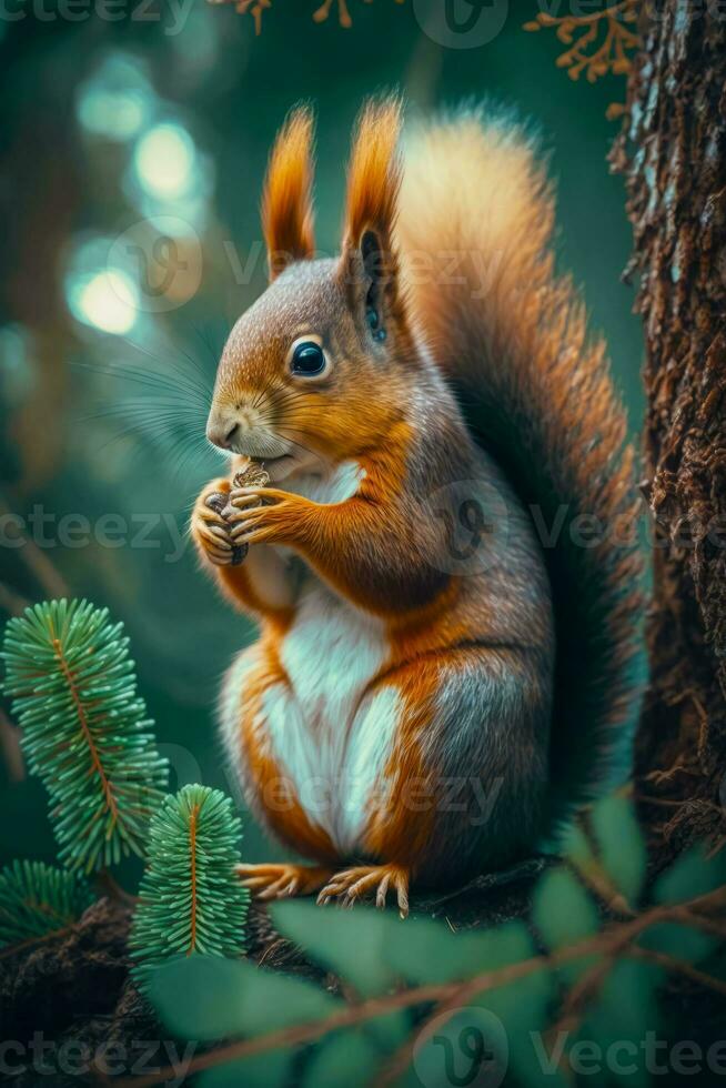 Close up of squirrel on tree with pine cone in its mouth. Generative AI photo