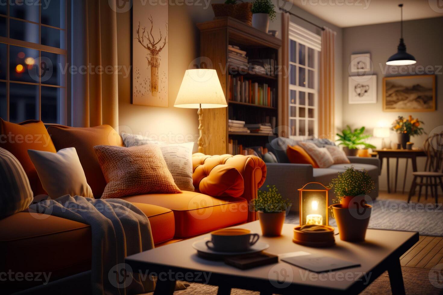 Living room filled with furniture and table with lamp on top of it. photo