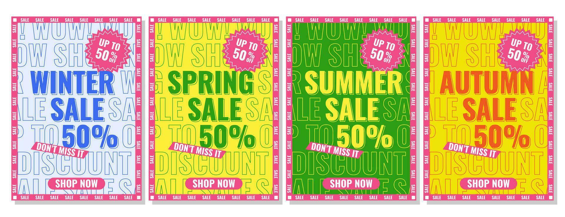 Set of posters season sale. Winter, spring, summer, autumn. Retro, y2k style. Don't miss it, shop now, discount. Vector bright background, banner, flyer. A4 format