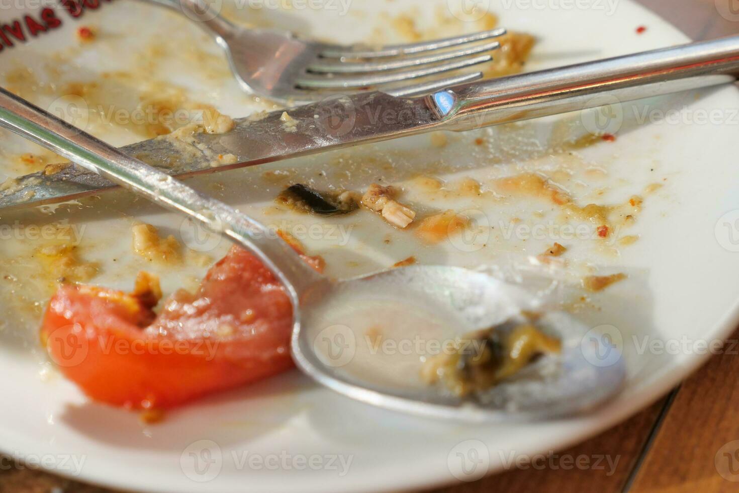 Empty plate after eating on table photo