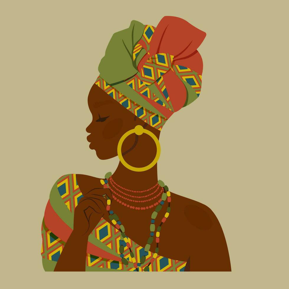 African beautiful woman. Female ethnicity character in national dress, ornaments, turban.  Portrait art. Young African American girl for avatar, card, fashion, beauty. Vector cartoon flat Illustration