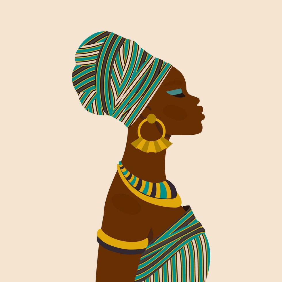 hermosa mujer africana. carácter étnico femenino en traje nacional, adornos, turbante. arte del retrato joven afroamericana para avatar, tarjeta, moda, belleza. ilustración plana de dibujos animados de vector