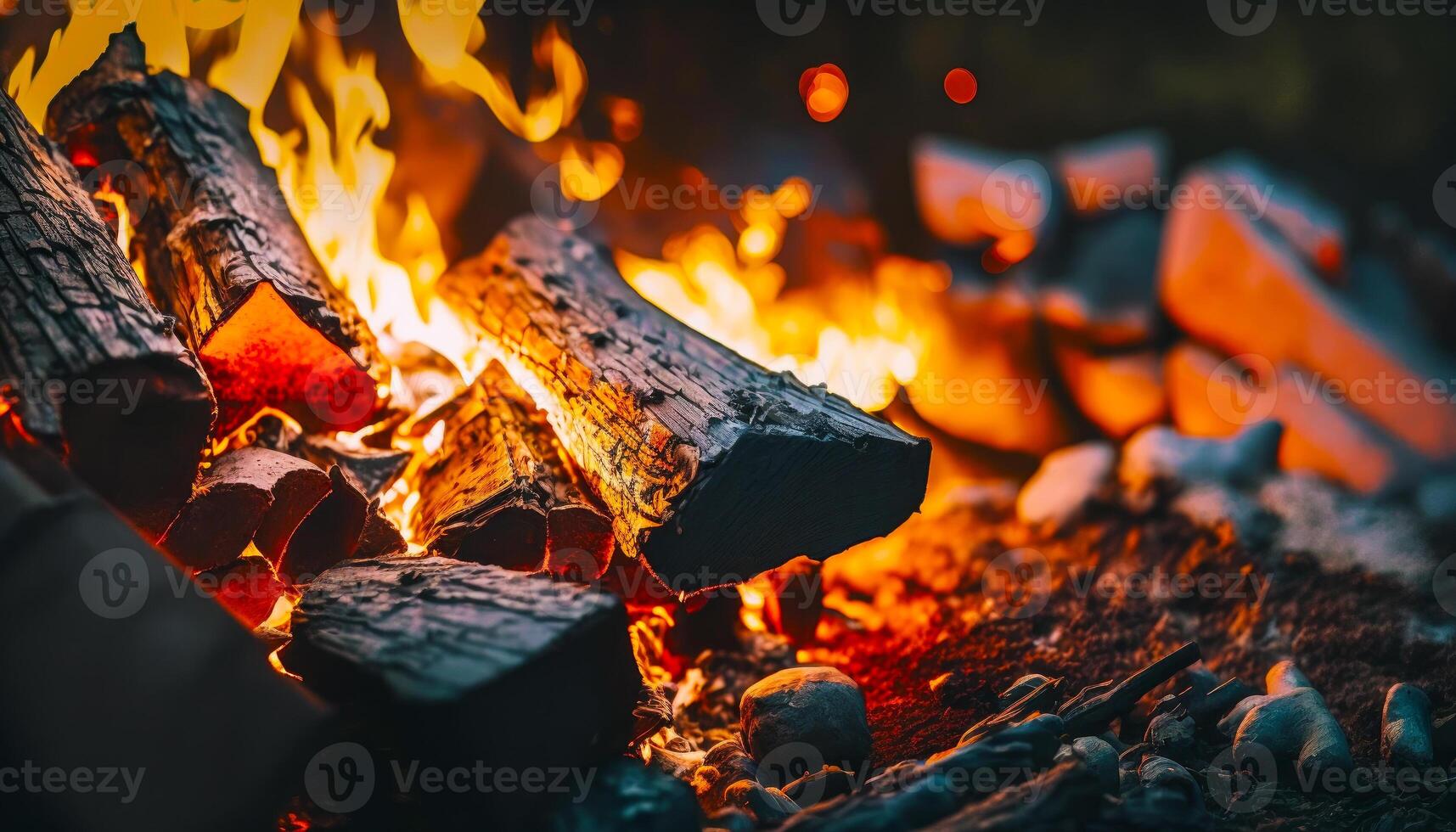 Close up of fire with rocks and fire pit in front of it. photo