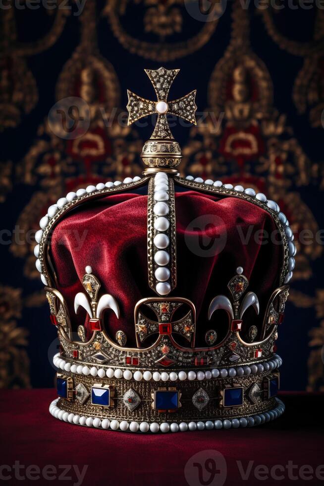 Crown sitting on top of table next to red velvet cover. photo