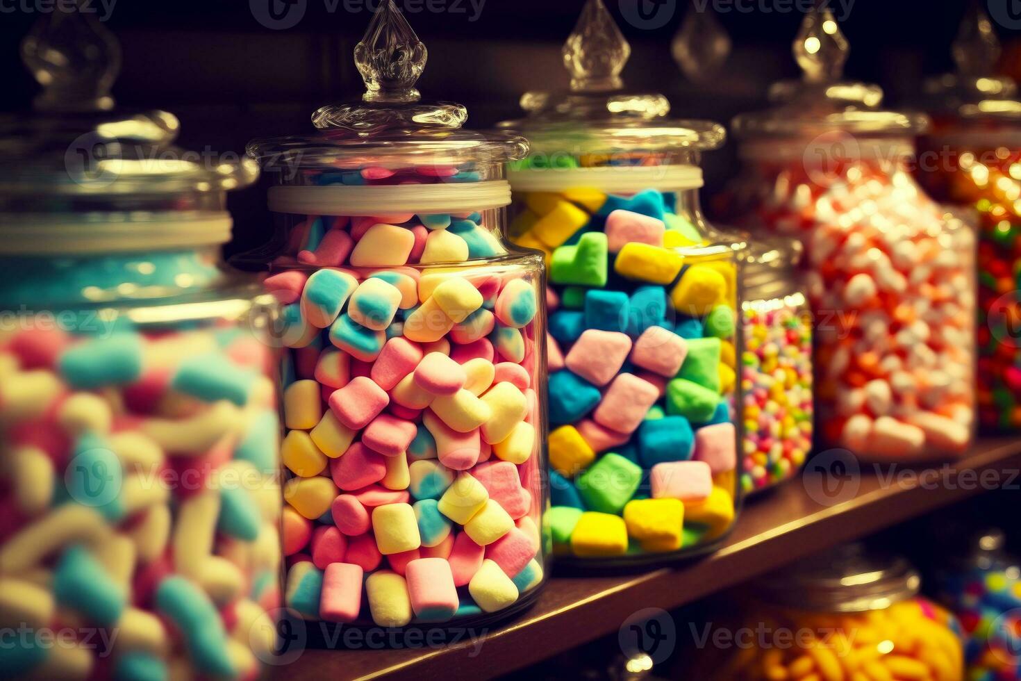 Shelf filled with glass jars filled with colorful marshmallows on top of each other. Generative AI photo