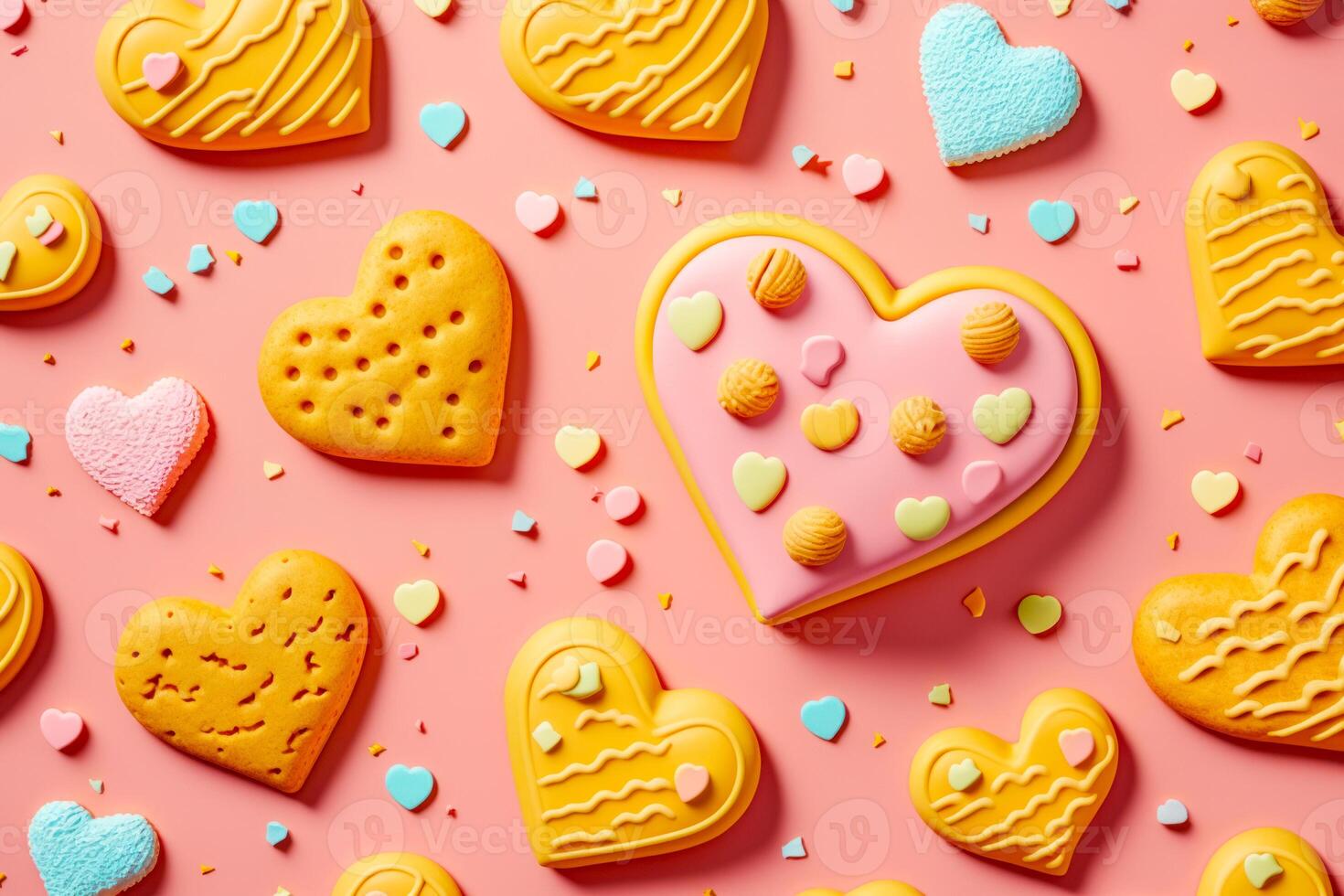 Variety of heart shaped cookies on pink background with confetti. photo