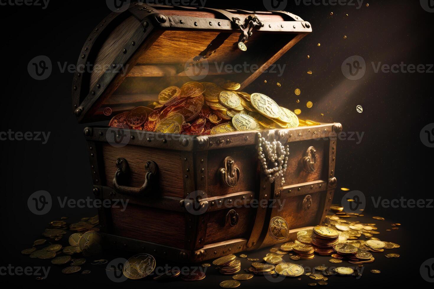 An open chest full of gold coins on black background. photo