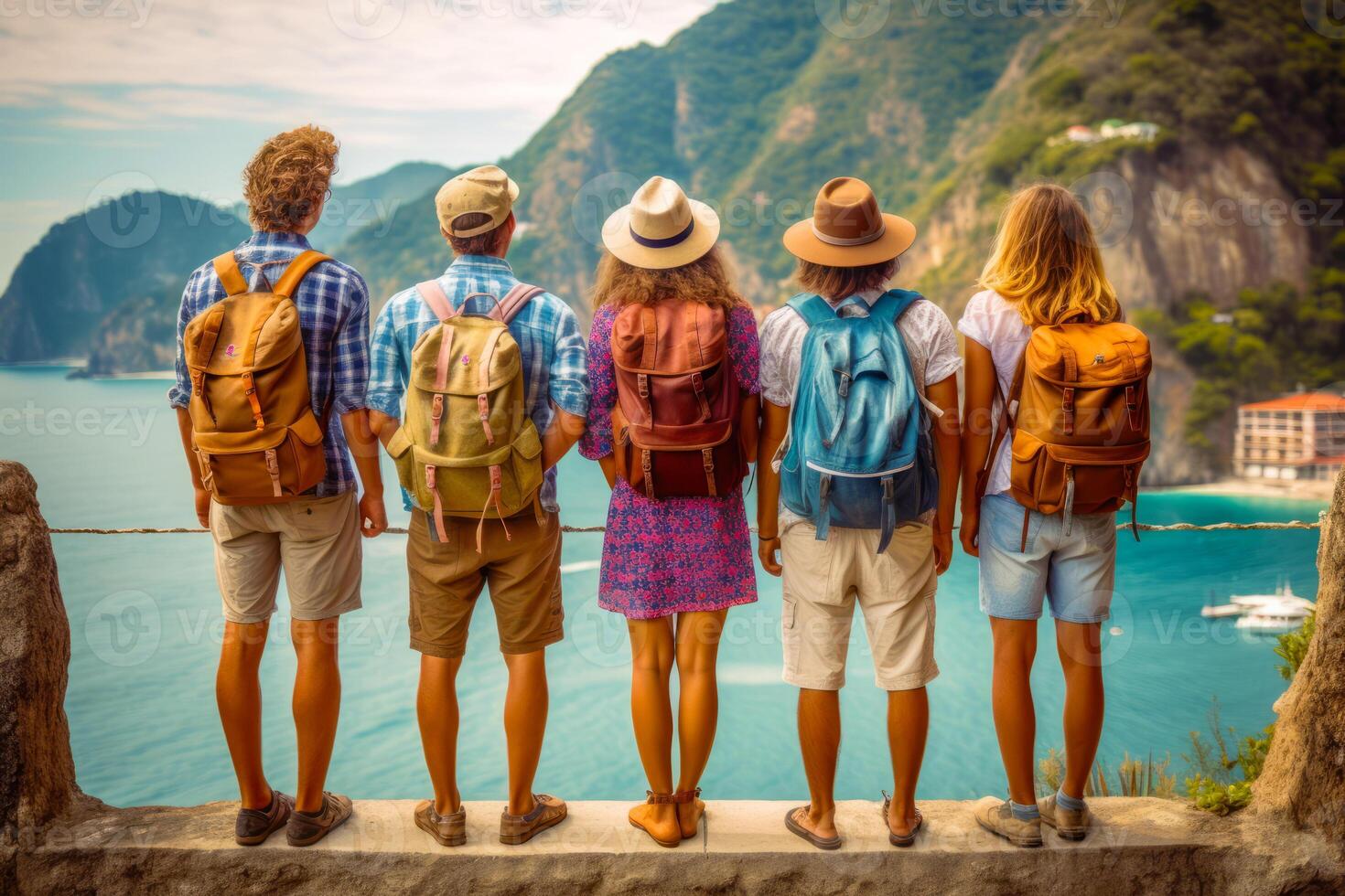 Group of people standing on top of cliff overlooking body of water. Generative AI photo