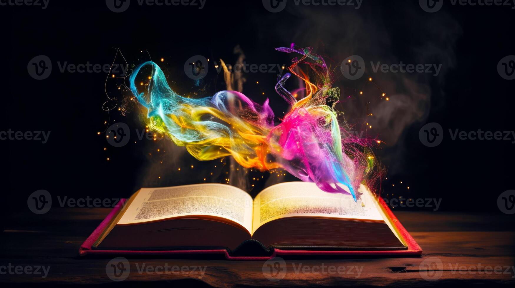 Open book with colorful smoke coming out of it on wooden table. photo