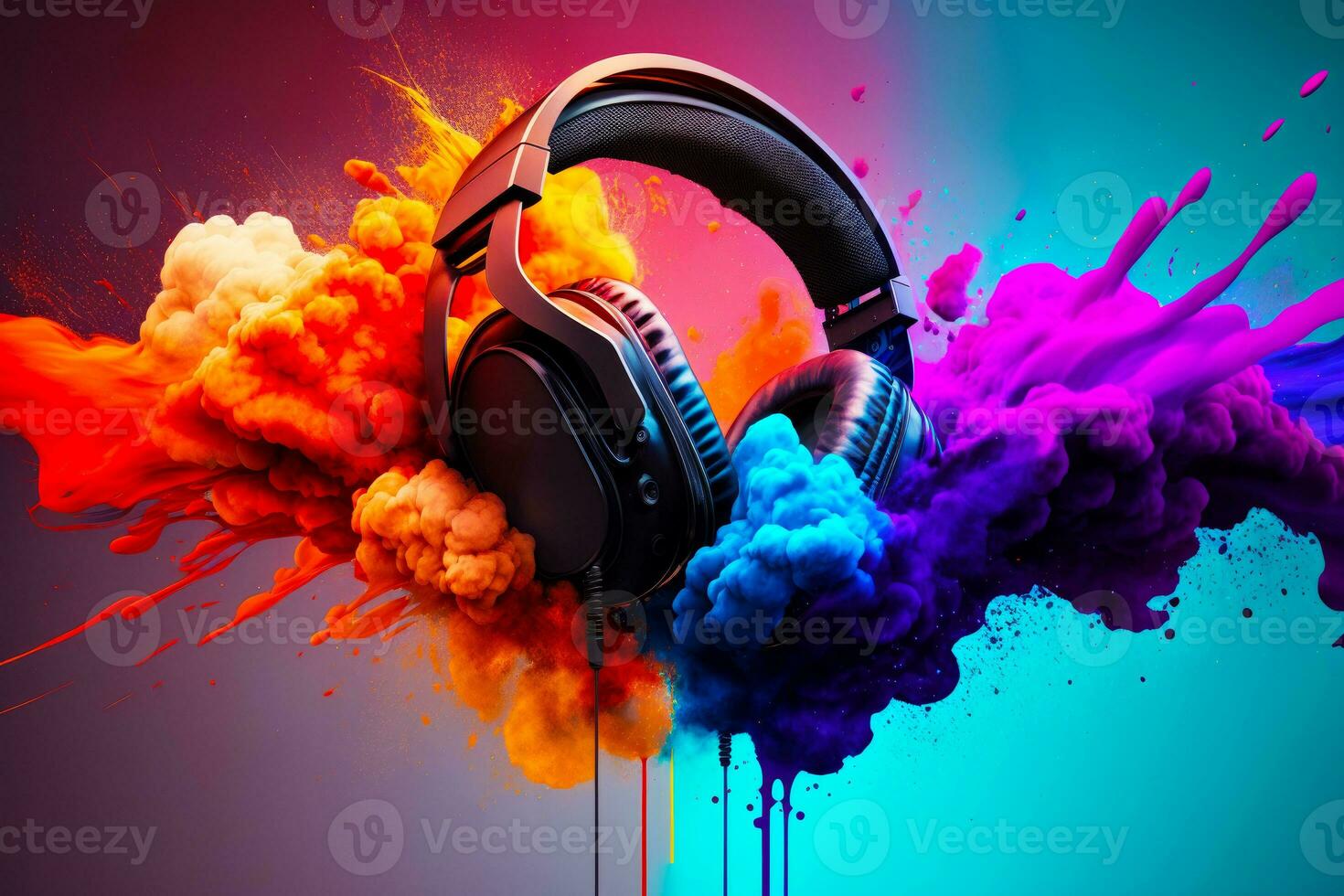 Pair of headphones in front of colorful cloud of colored paint. Generative AI photo