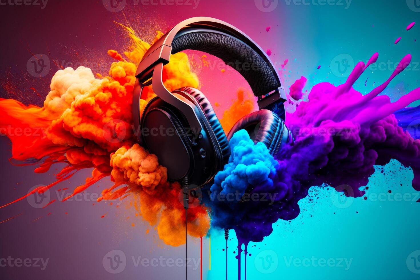 Pair of headphones in front of colorful cloud of colored paint. Generative AI photo