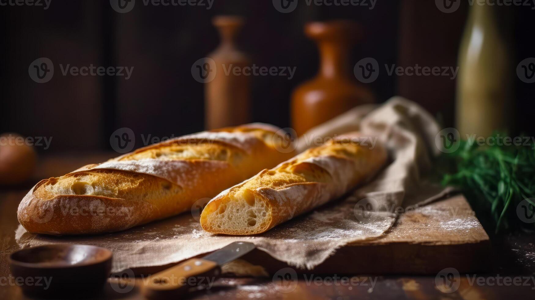 Two loaves of bread sitting on top of table next to knife. Generative AI photo