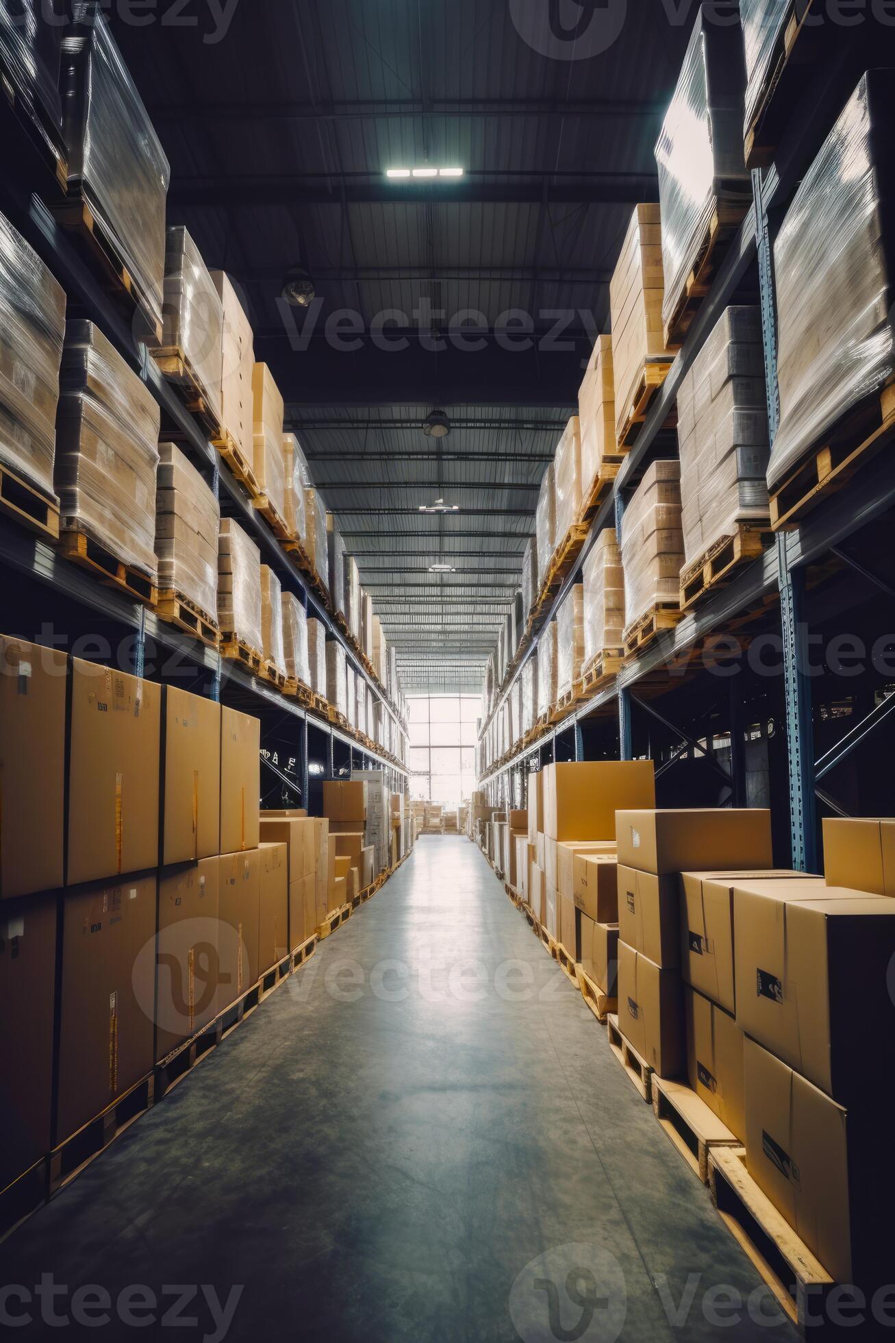 Large warehouse filled with lots of boxes and pallets of boxes on