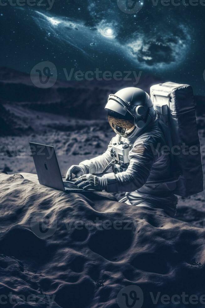 Man in space suit sitting on the moon using laptop computer. Generative AI photo