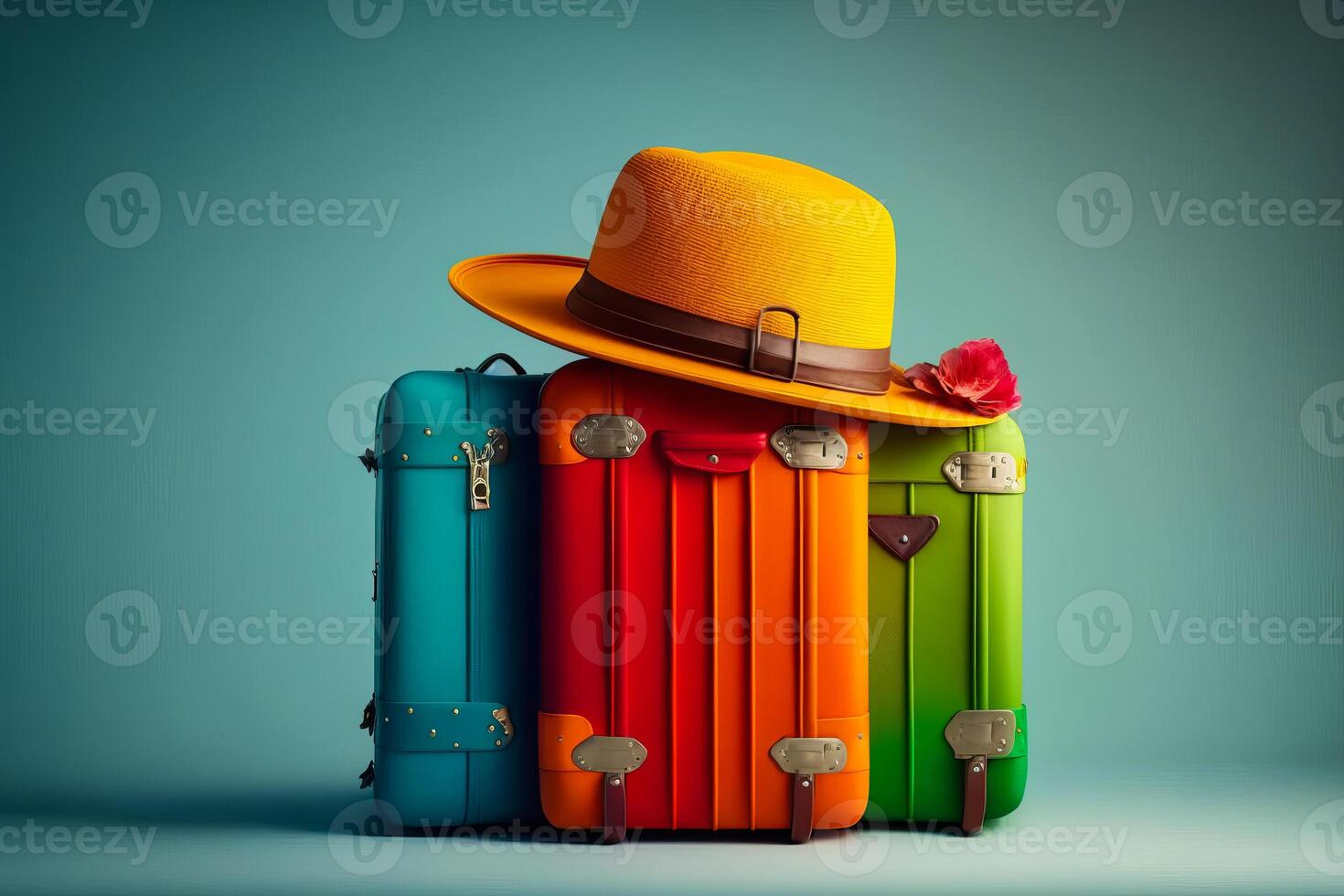 Three colorful suitcases and hat on blue background. photo
