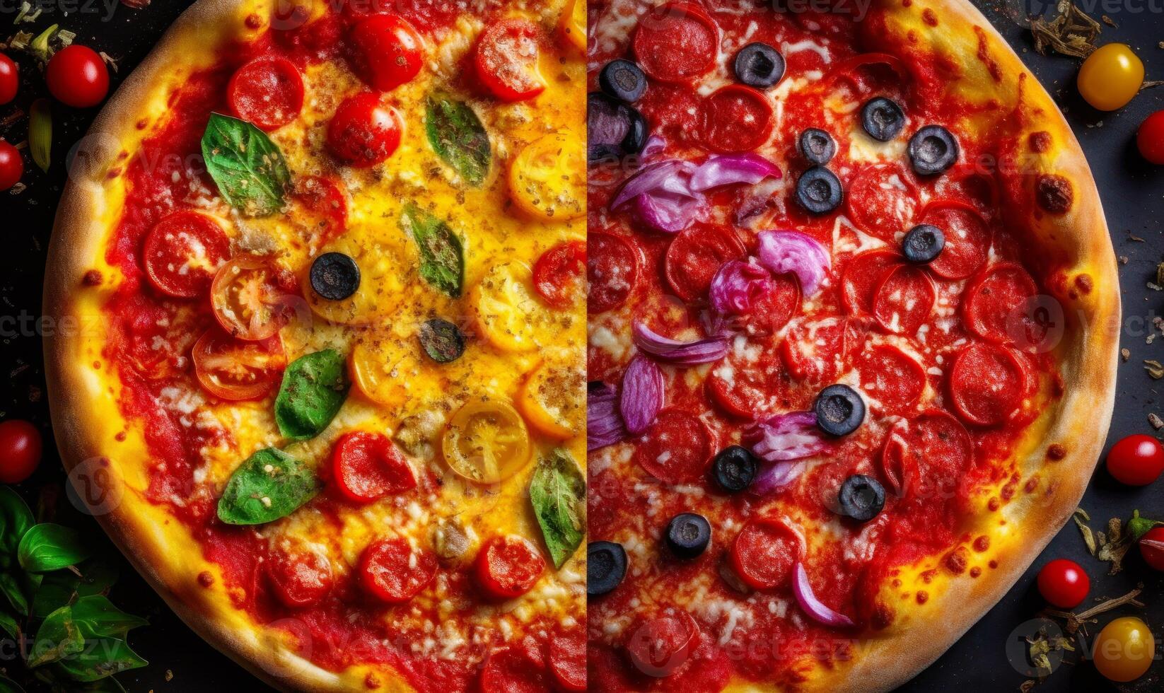 Two pizzas with different toppings are shown side by side on black background. photo