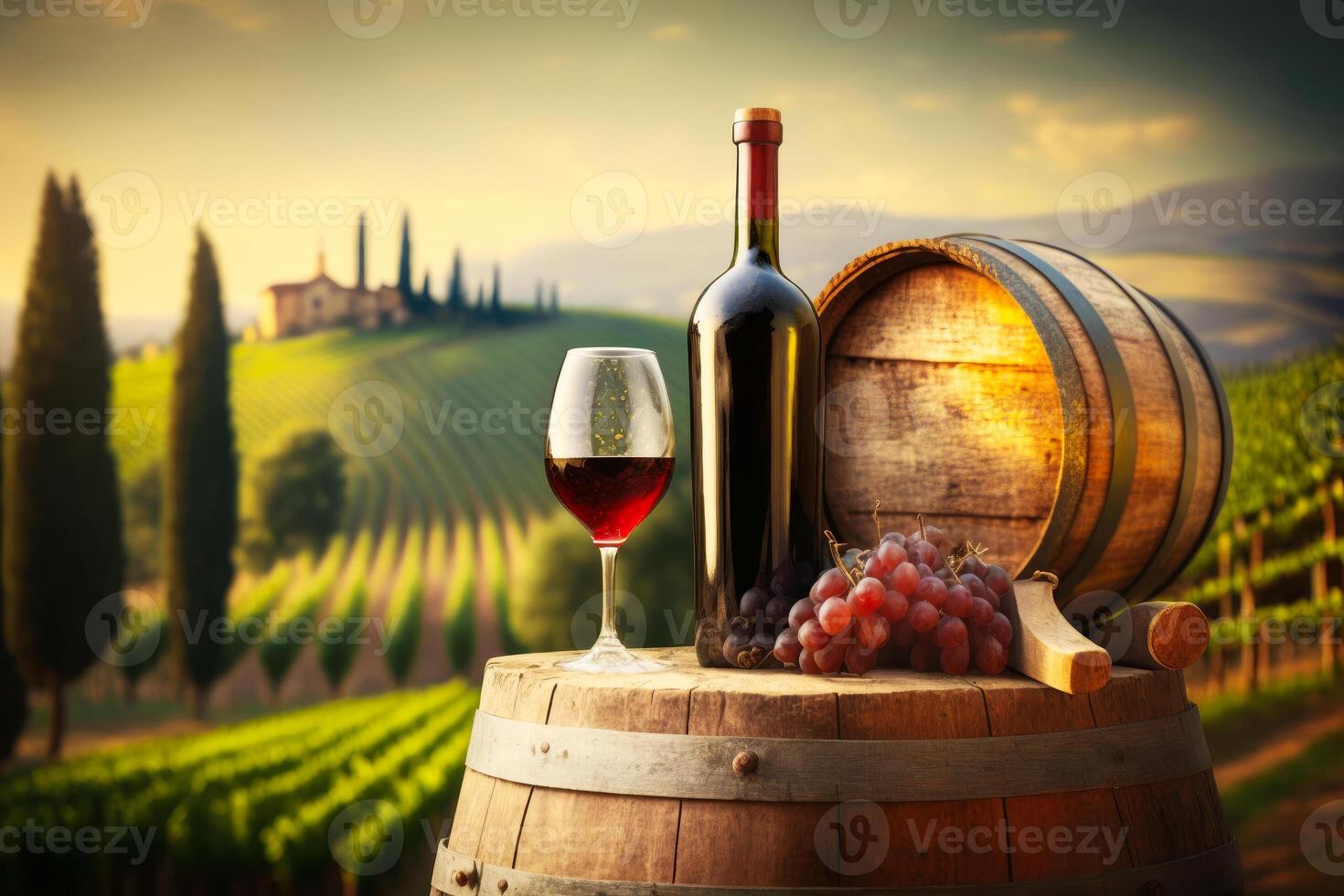 Glass of wine and barrel of grapes on vineyard. photo