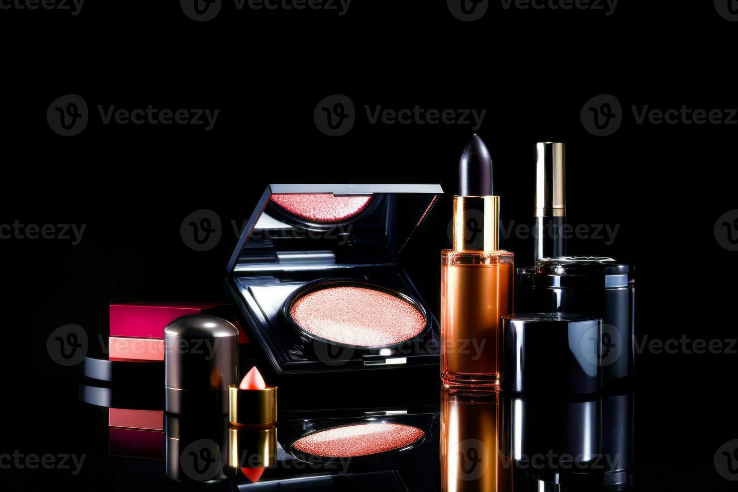 Assortment of cosmetics and lipstick on black surface with black background. Generative AI photo