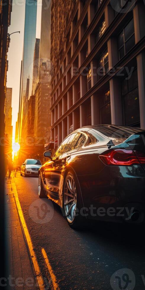 Car parked on the side of street next to tall building. photo