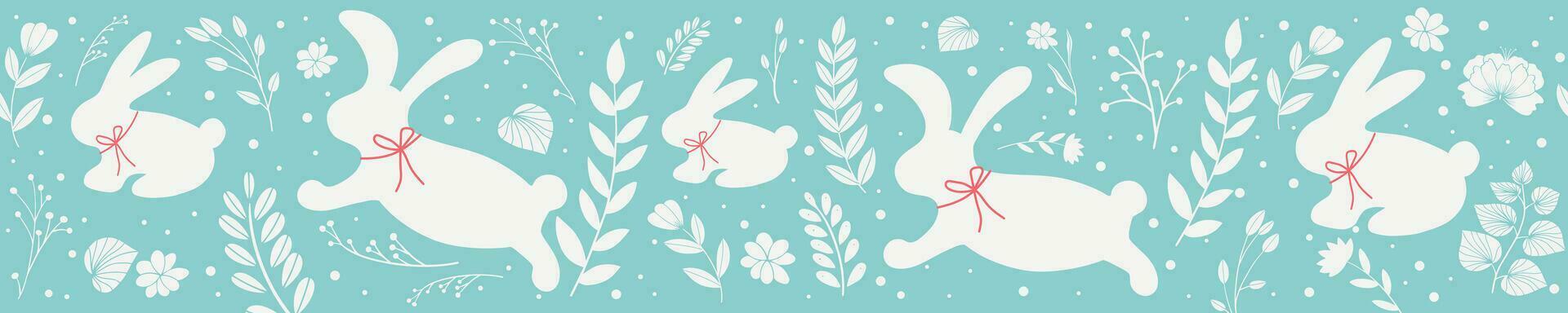 Easter bunnies horizontal seamless pattern vector illustration. Holiday pattern with bunnies, flowers, plants silhouettes isolated on blue background. Simple flat style.