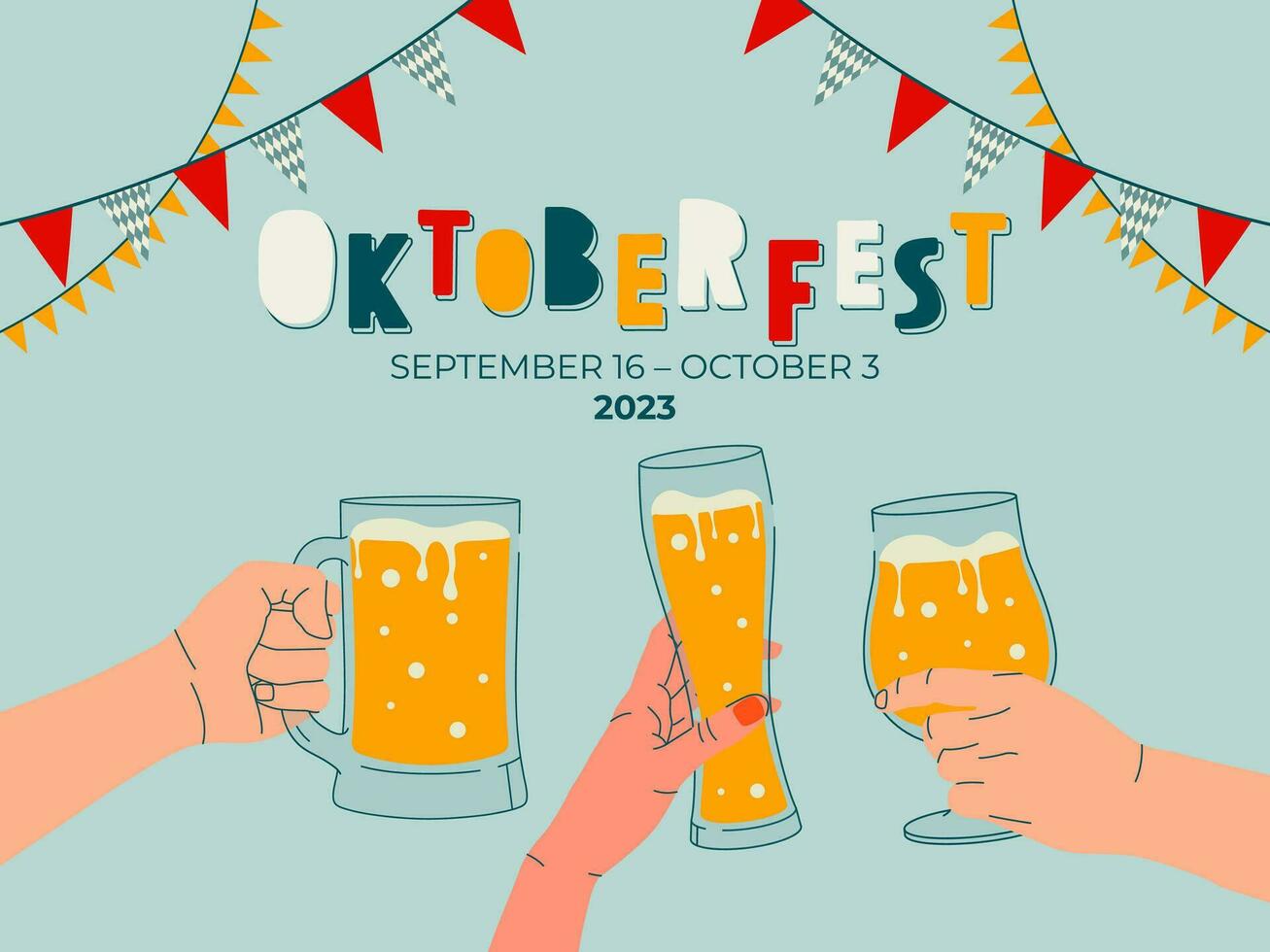 manos participación lentes de cerveza. bandera diseño modelo para Oktoberfest. vistoso modelo para póster, bandera, revista primero página, folleto, negocio volantes. promoción concepto tarjeta. vector