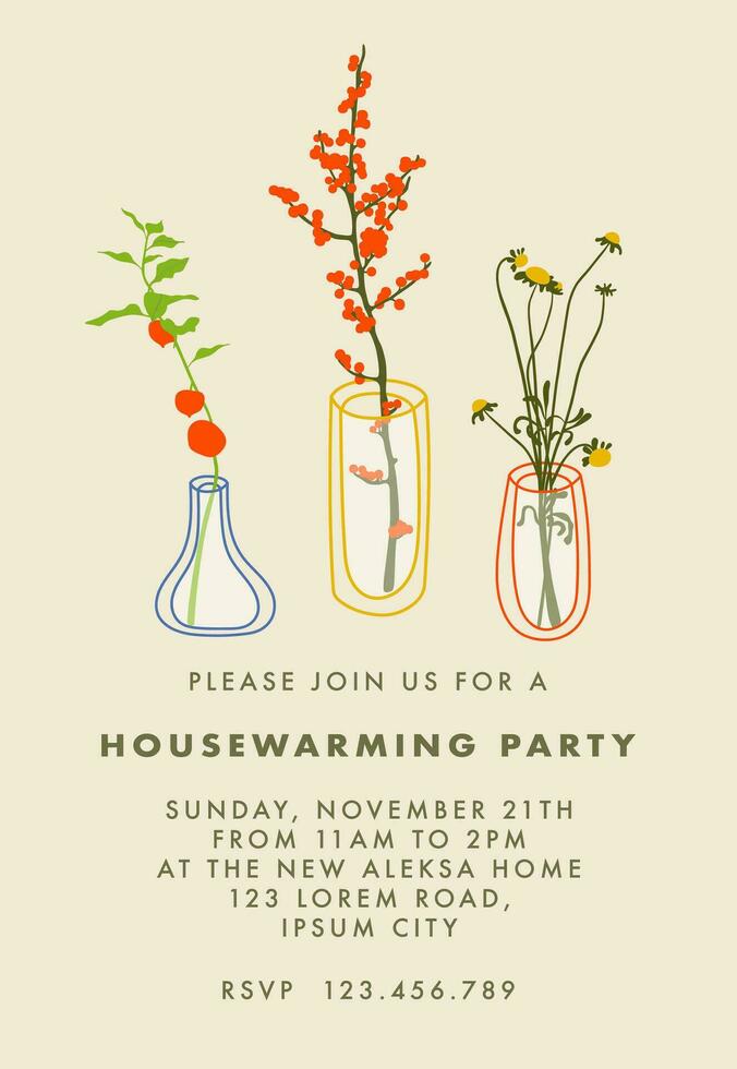 Housewarming party invitation design with flowers in vases. Simple cartoon flat style. Trendy vector illustration for invitations, greeting card, web banner design.