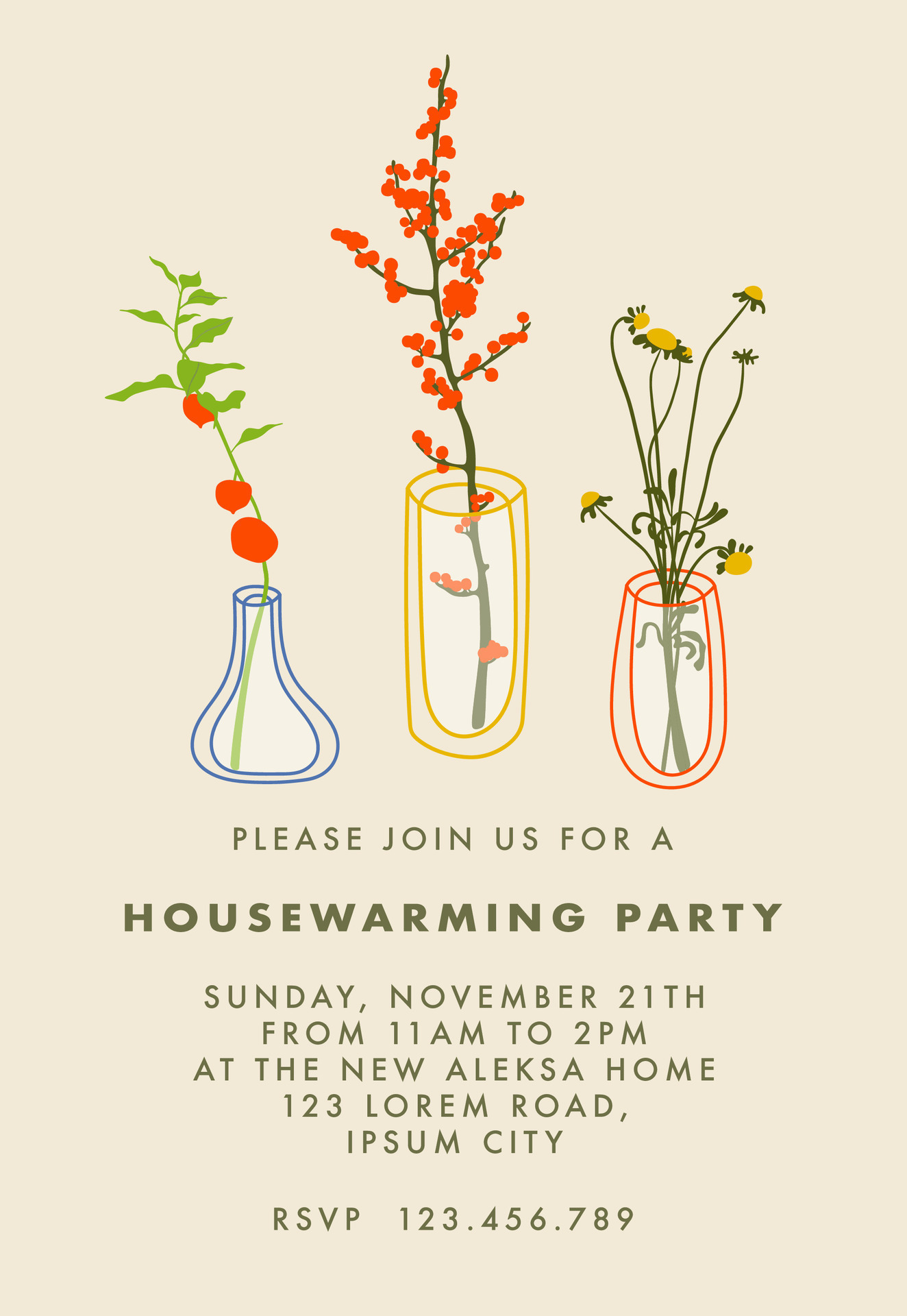 Housewarming party invitation design with flowers in vases. Simple