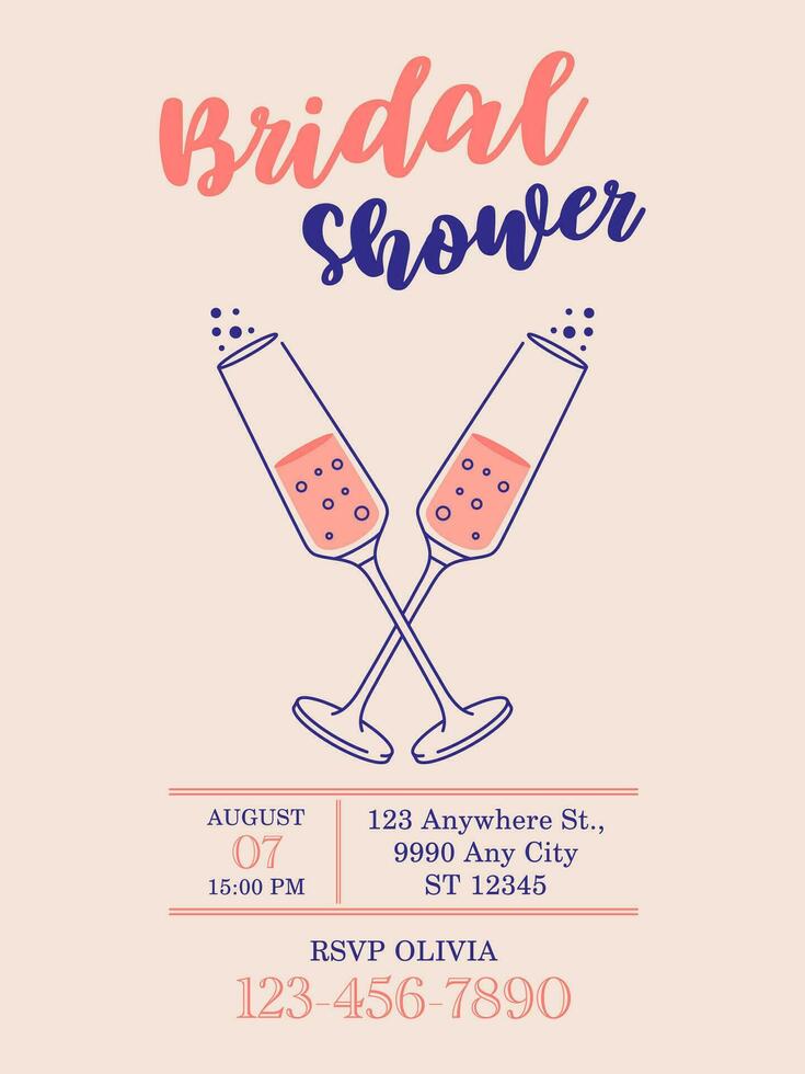 Bridal shower pink invitation card design. Illustration of champagne glass with bubbles, vector. Bubbles of sparkling wine, wedding concept. Event, party, presentation, promotion, menu. vector